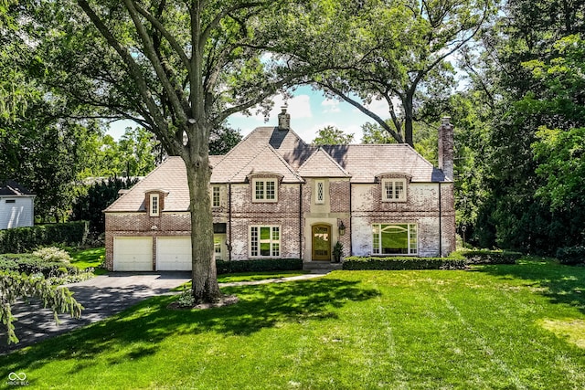 french country inspired facade with a garage and a front lawn