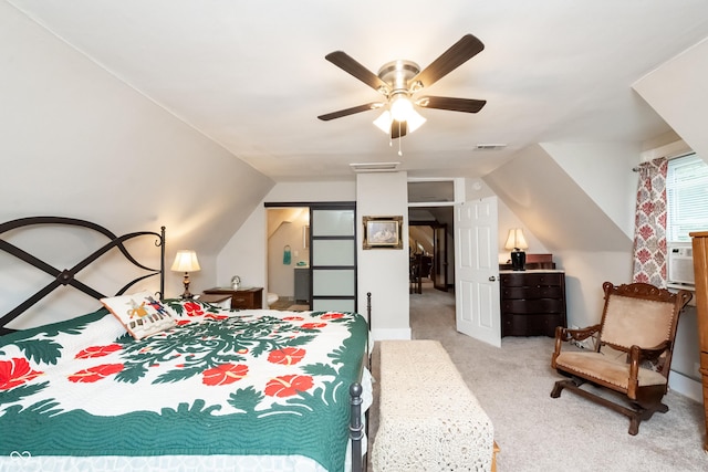 bedroom featuring carpet flooring, cooling unit, ceiling fan, and lofted ceiling