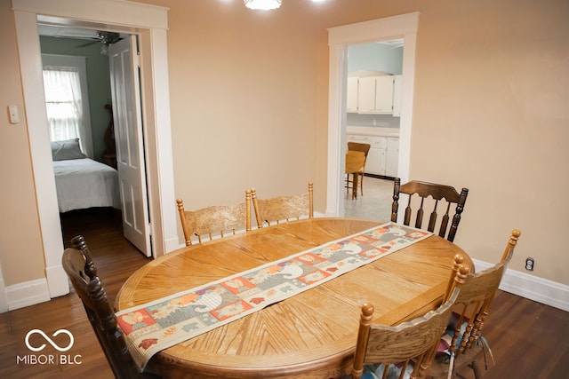 dining room with ceiling fan and dark wood-type flooring