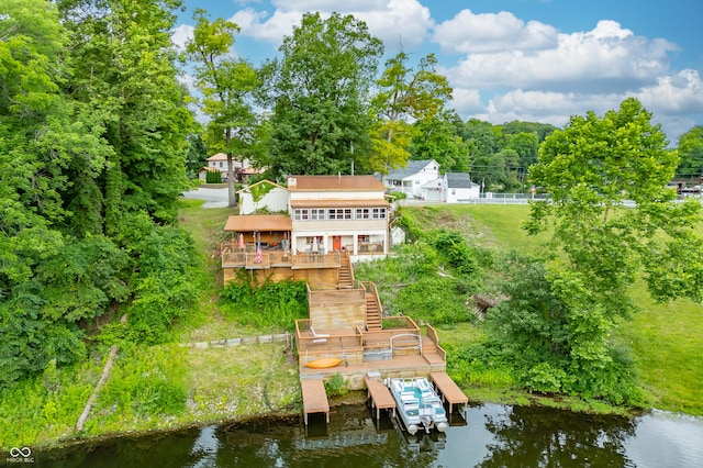 bird's eye view with a water view