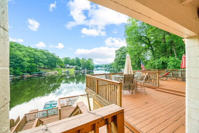 wooden terrace featuring a water view