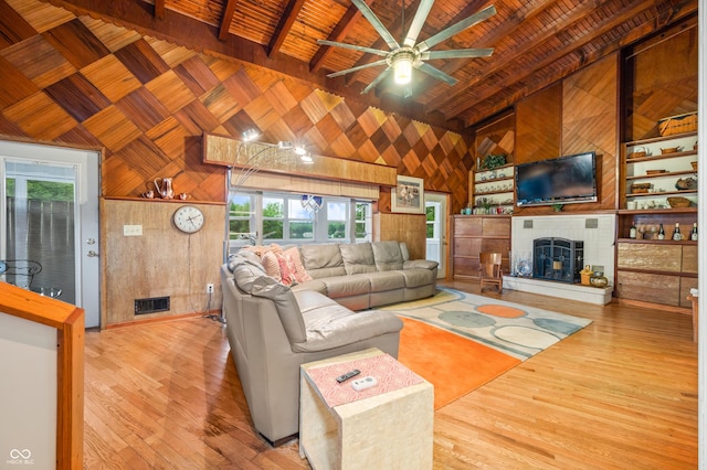 living room featuring wood ceiling, a fireplace, light hardwood / wood-style floors, and wood walls