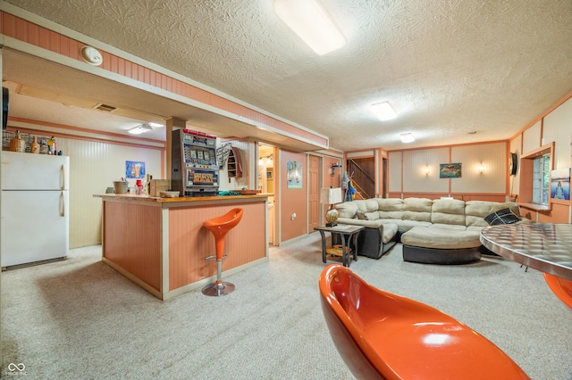 carpeted living room with a textured ceiling and indoor bar