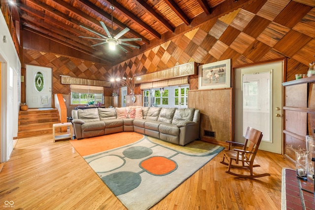 living room with lofted ceiling with beams, light hardwood / wood-style flooring, wooden ceiling, and wood walls