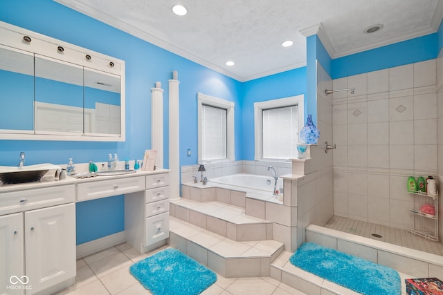 bathroom with plus walk in shower, a textured ceiling, tile patterned floors, vanity, and ornamental molding