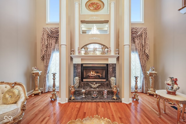 entryway featuring wood-type flooring and a high end fireplace