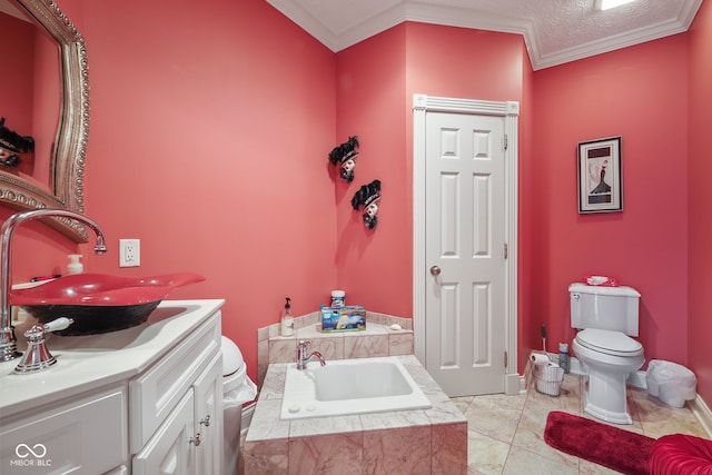 bathroom with vanity, tile patterned floors, ornamental molding, toilet, and a washtub