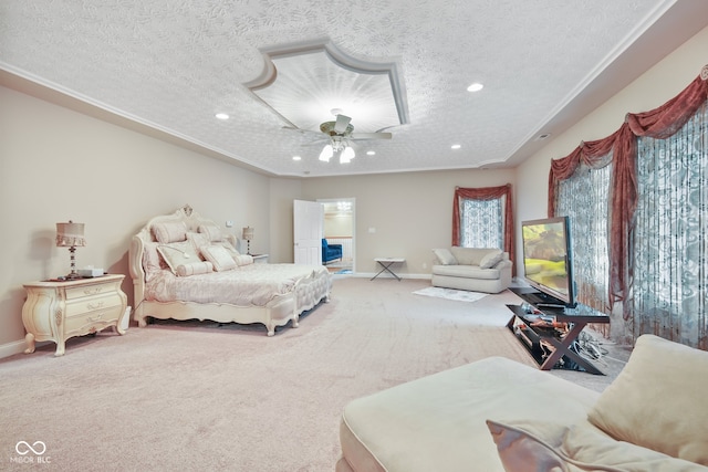 carpeted bedroom with multiple windows, a textured ceiling, and ceiling fan