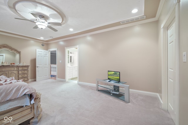 bedroom with ensuite bath, ornamental molding, ceiling fan, and carpet flooring