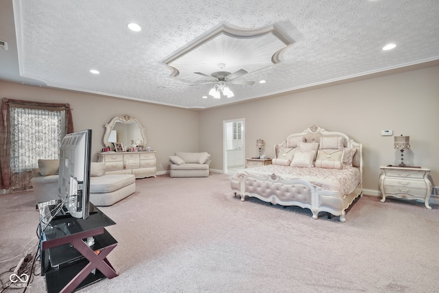 carpeted bedroom with a textured ceiling and ceiling fan