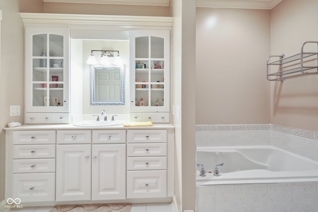 bathroom with vanity, tiled tub, tile patterned flooring, and ornamental molding