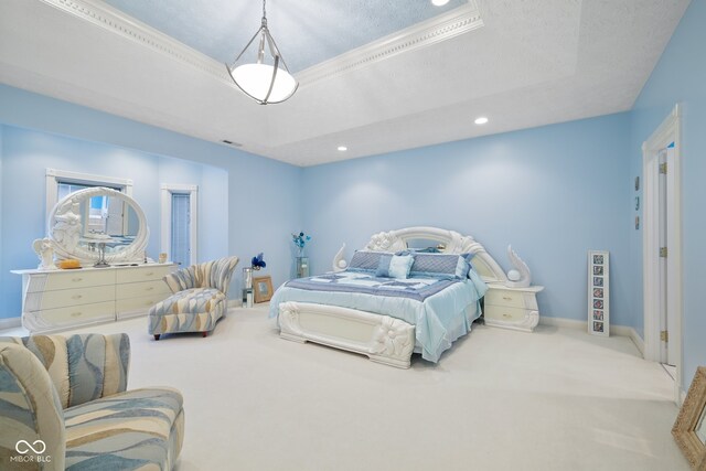 carpeted bedroom featuring a textured ceiling and a tray ceiling