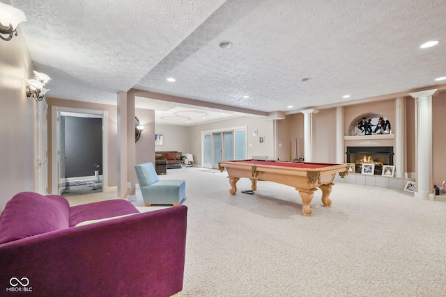 8292 S State Road 39th Rd S, Clayton, IN 46118 - recreation room featuring a textured ceiling, carpet flooring, billiards table, a tile fireplace, and recessed lighting