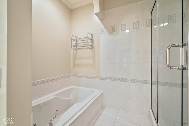 bathroom with shower with separate bathtub and tile patterned floors