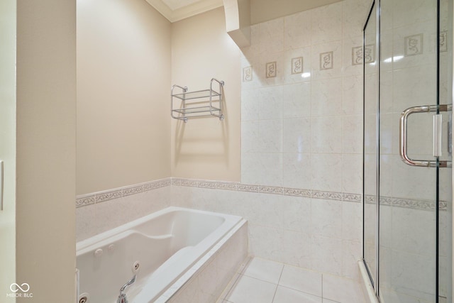 8292 S State Road 39th Rd S, Clayton, IN 46118 - bathroom with a stall shower, a jetted tub, tile walls, ornamental molding, and tile patterned floors