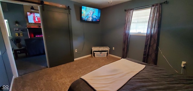 carpeted bedroom with a barn door