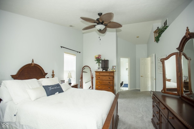 bedroom with light carpet and ceiling fan