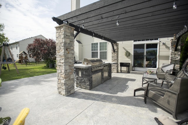 view of patio / terrace with a playground, grilling area, area for grilling, and a pergola