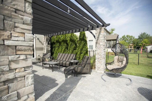 view of patio / terrace featuring a pergola and a playground