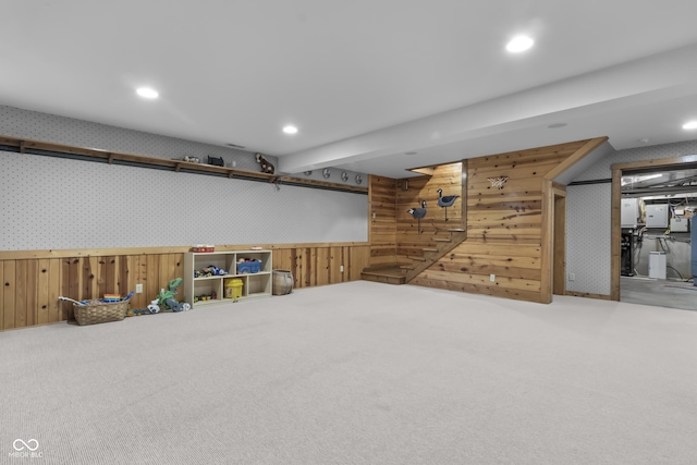 basement featuring wood walls and carpet flooring