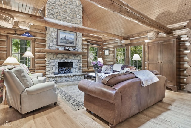 living room featuring high vaulted ceiling, a fireplace, beamed ceiling, wood ceiling, and light hardwood / wood-style floors