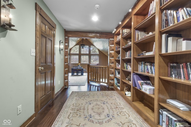 interior space featuring lofted ceiling and dark hardwood / wood-style flooring