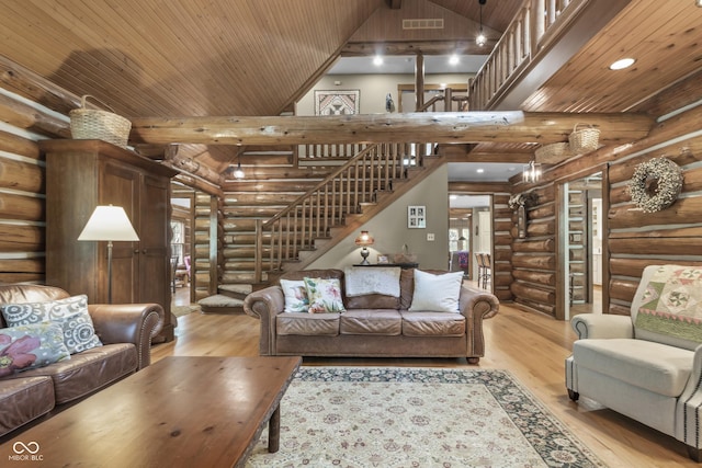 living room featuring wood ceiling, high vaulted ceiling, beamed ceiling, and light wood-type flooring