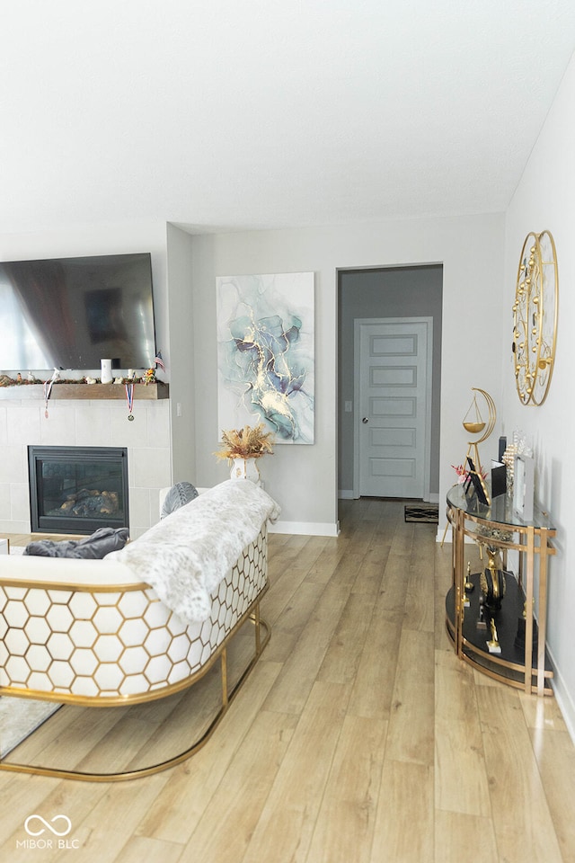 living room with a fireplace and hardwood / wood-style floors