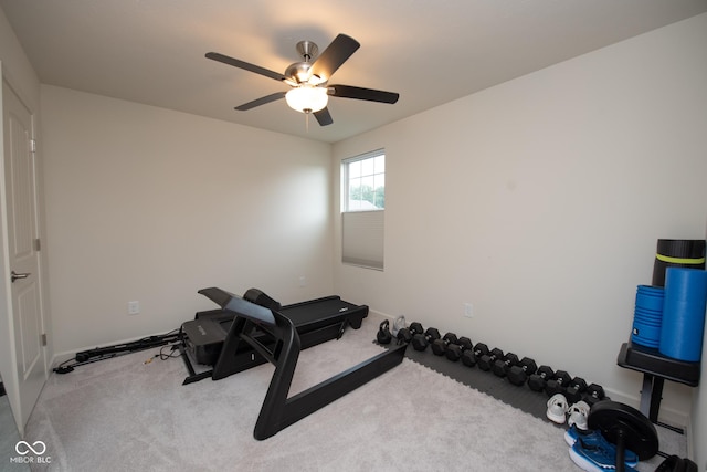 6748 Fallen Leaf Dr, Whitestown, IN 46075 - workout room with a ceiling fan, carpet, and baseboards