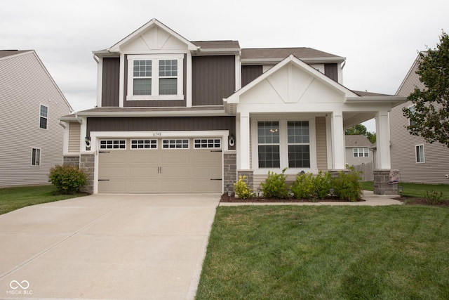 6748 Fallen Leaf Dr, Whitestown, IN 46075 - craftsman inspired home featuring a front yard, board and batten siding, a garage, and concrete driveway