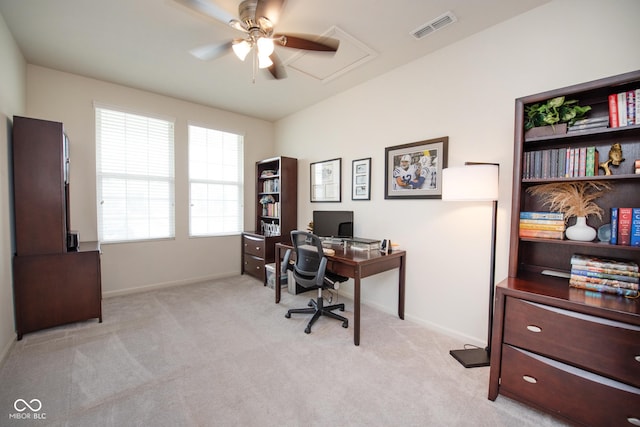 6748 Fallen Leaf Dr, Whitestown, IN 46075 - home office with a ceiling fan, light carpet, and baseboards