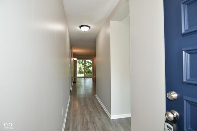 corridor with wood-type flooring and a textured ceiling