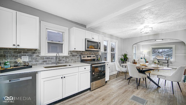 kitchen featuring sink, tasteful backsplash, beamed ceiling, white cabinetry, and stainless steel appliances