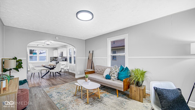 living room with hardwood / wood-style floors and a textured ceiling