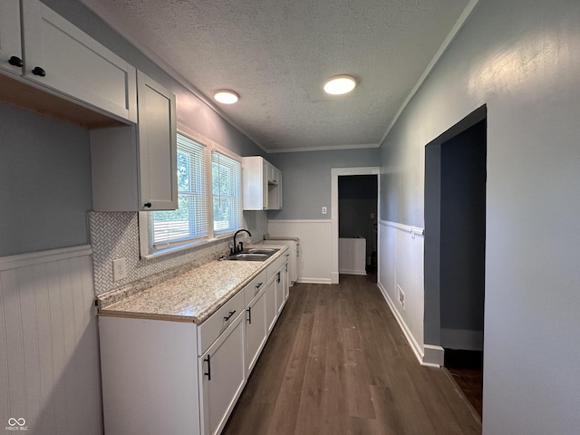 kitchen featuring dark hardwood / wood-style floors, sink, white cabinetry, a textured ceiling, and ornamental molding