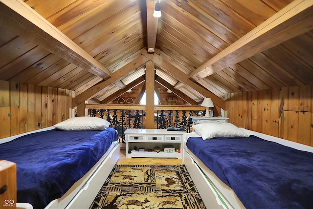 bedroom with wood walls, vaulted ceiling with beams, and wood ceiling