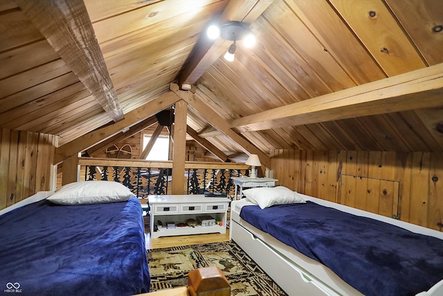 bedroom featuring lofted ceiling with beams, wood ceiling, and wood walls