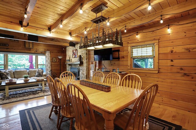 dining area with wooden walls, wood ceiling, beamed ceiling, hardwood / wood-style floors, and a stone fireplace