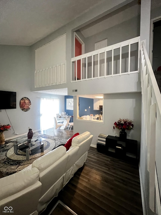 living room with wood-type flooring and a high ceiling