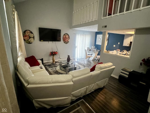 living room featuring a towering ceiling and hardwood / wood-style flooring