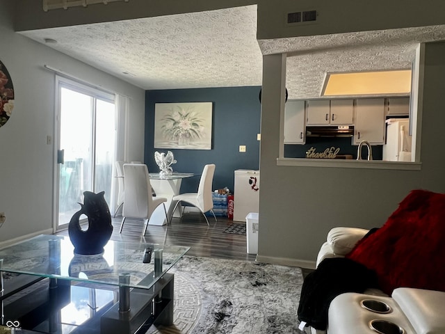 living room with sink, wood-type flooring, and a textured ceiling