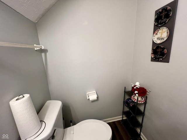 bathroom with toilet, wood-type flooring, and a textured ceiling