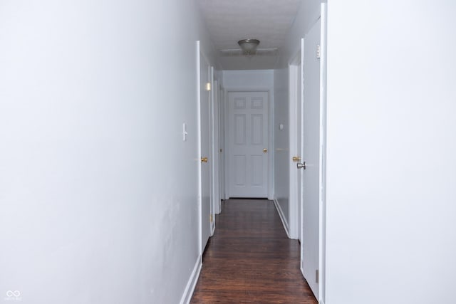 hallway with dark hardwood / wood-style flooring