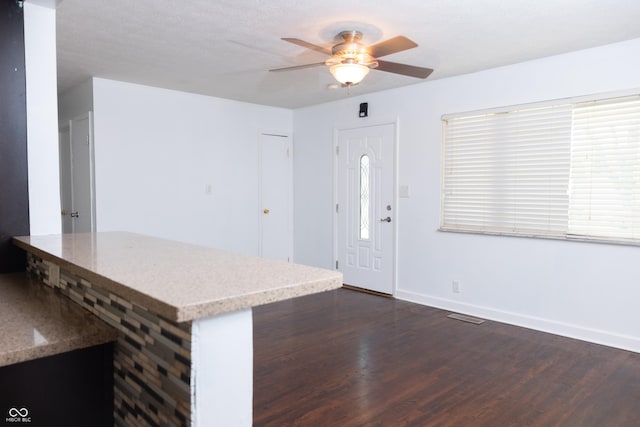 foyer entrance with ceiling fan, dark wood-type flooring, and plenty of natural light