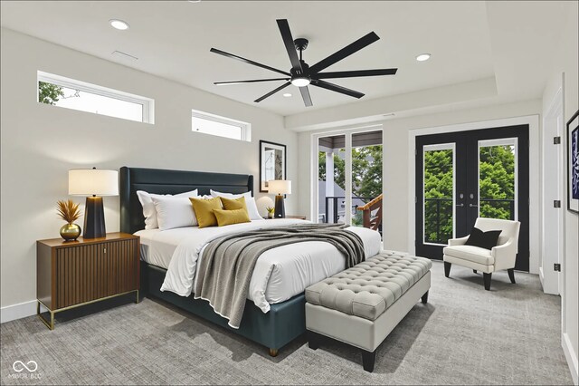 1218 Orange St, Indianapolis, IN 46203 - bedroom with french doors, light carpet, recessed lighting, baseboards, and a ceiling fan