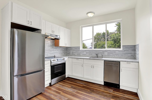 1218 Orange St, Indianapolis, IN 46203 - kitchen with appliances with stainless steel finishes, under cabinet range hood, tasteful backsplash, white cabinets, and a sink