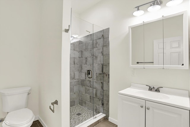 1218 Orange St, Indianapolis, IN 46203 - bathroom featuring a stall shower, vanity, toilet, and baseboards