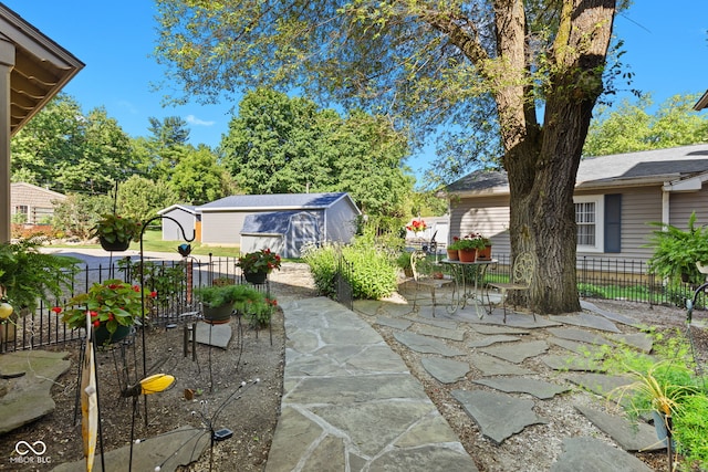 view of patio with a shed