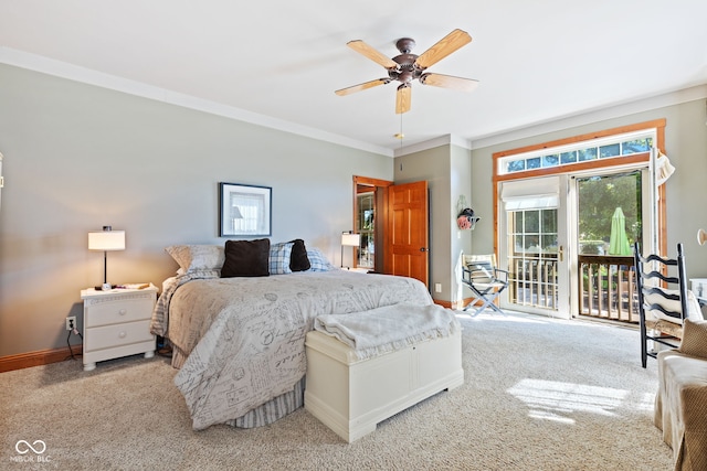 bedroom with crown molding, carpet flooring, access to outside, and ceiling fan