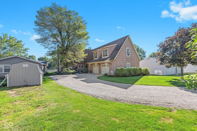 exterior space with a garage and a front lawn